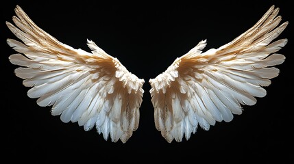 Angel wings with intricate feather details, radiating a serene and ethereal presence.
