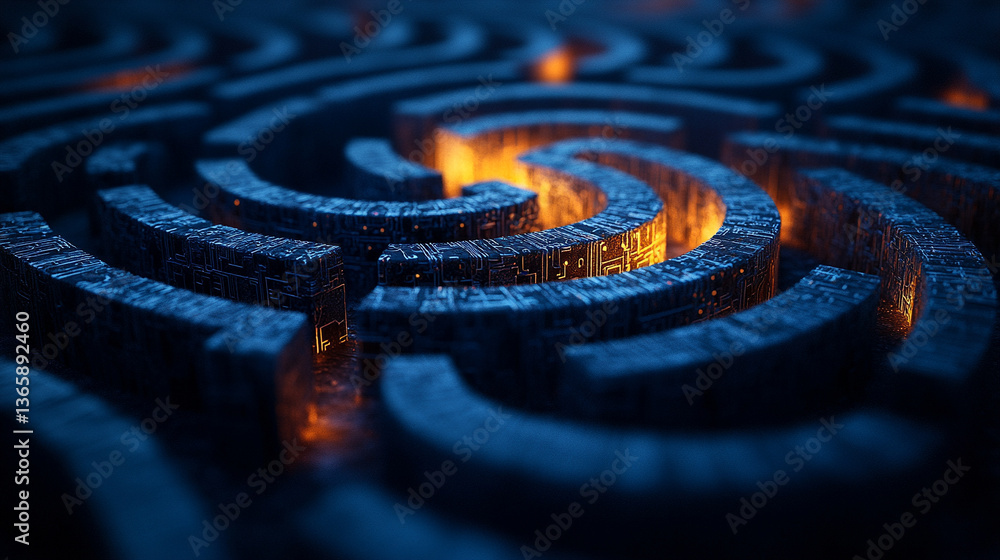 Poster an abstract digital maze pattern symbolizing an ethical dilemma, with interconnected circuit element