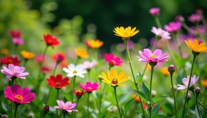 Obraz premium Wildflowers bloom in vibrant English country garden, vibrant, clouds, butterflies