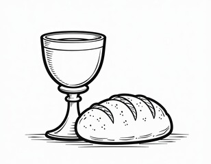 Eucharist, Holy Communion, Bread and Wine, Religious Symbol, Christian Clipart, Black and White Illustration