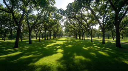 Obraz premium Lush Green Forest with Sunlight Filtering Through the Canopy Creating Shadows on the Grass Field