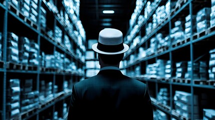 Shadowy Figure in a Warehouse: A mysterious figure, back to the viewer, wearing a fedora hat, navigates the rows of a vast warehouse, shrouded in an atmosphere of intrigue and industry.