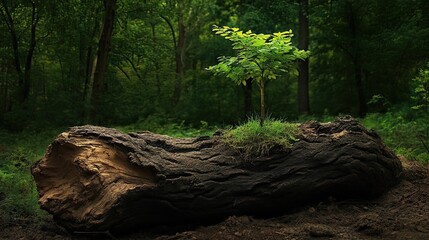 Young sapling growing from a fallen log in a dense forest © harjiyo