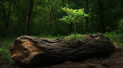 Young sapling growing from a fallen log in a dense forest © harjiyo