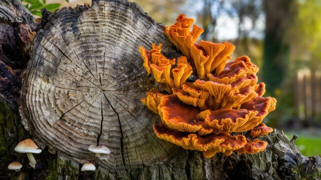 A section of a tree stump with bright orange and amber mushrooms (Clavulina pulchella). The background is blurred.