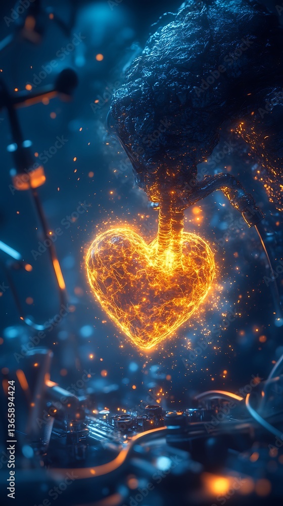 Poster glowing heart of sparks in a futuristic setting