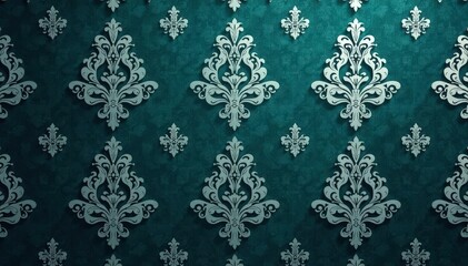 Symmetrical arabesque damask pattern, dark teal and silver , design element, metallic