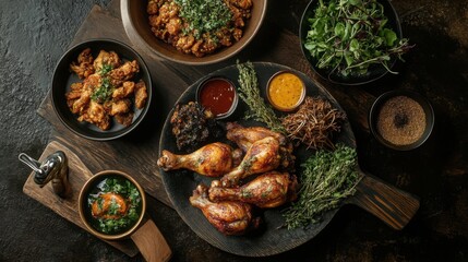 Rustic presentation of fried chicken with herbs and sauces