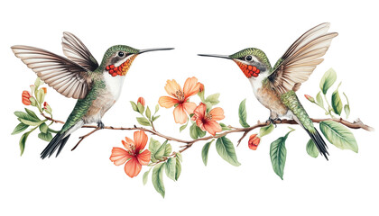 Fototapeta premium Two Hummingbirds on Branch with Peach Flowers and Green Leaves Transparent