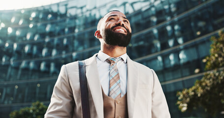 Travel, employee and man in city, thinking and commuting to work in morning, business person or...