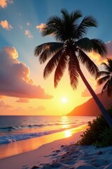 White sand, tall coconut palm silhouette against sunset, image, landscape