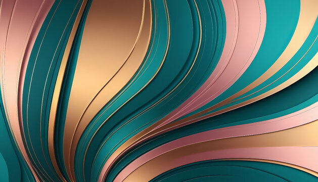 Elegant abstract design featuring flowing curves teal, gold, and rose colors, creating sense of depth and movement. This visually striking composition evokes feeling of sophistication