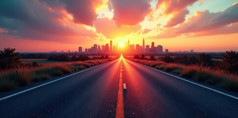 Obraz premium Asphalt road vanishing into distant city skyline at sunset, cityscape, sunset