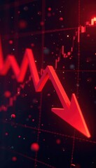 Dramatic downward trending line graph, red, depicting stock market crash , crisis, decline