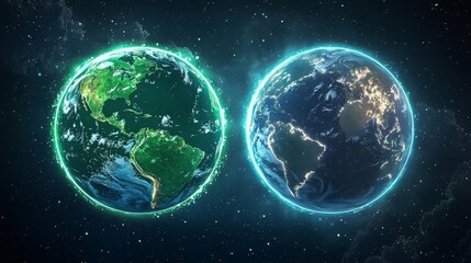 Obraz premium A stunning view of Earth showcasing vibrant landscapes and illuminated cities, highlighting the beauty of our planet.