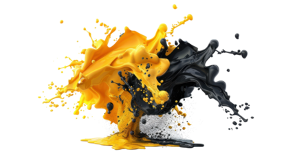Yellow and black paint splashing with transparent background