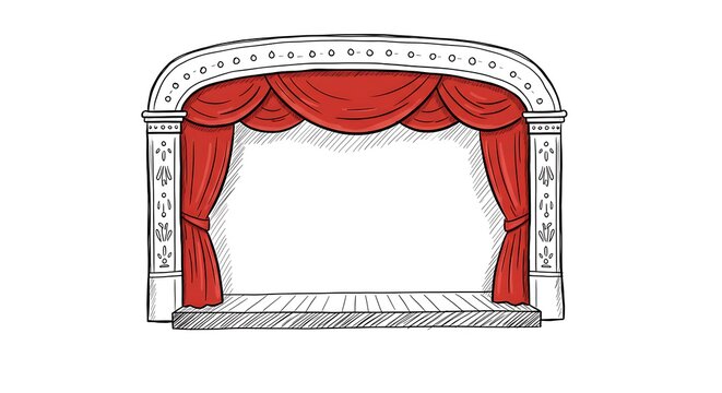 Stage with Red Curtains Hand Drawn Sketch Style Illustration