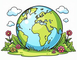 Fototapeta premium Cartoon Earth Globe with Flowers and Grass - Eco Friendly Illustration