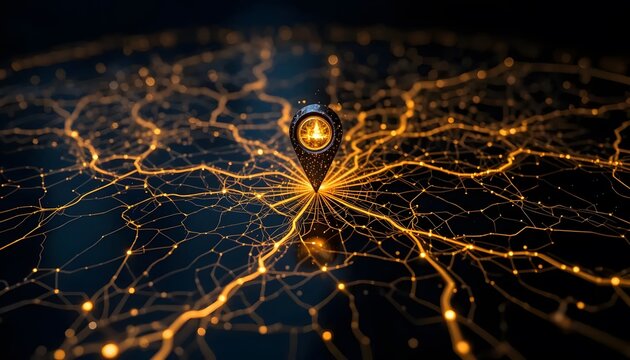 Dark abstract map, golden glowing lines, 3D location pin, intricate network, - Powered by Adobe