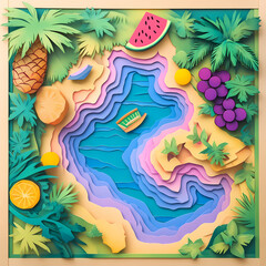 Island Paradise: A stunning paper art scene, meticulously crafted to depict a serene island oasis. Vivid paper layers showcase a central lagoon, vibrant flora and tempting fruits.