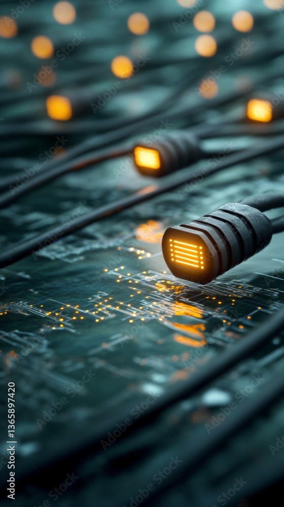 Poster details of glowing connectors on a circuit board signify advanced technology in a modern electronics