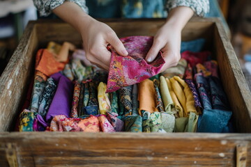 Hand choosing colorful fabric scraps from wooden box. DIY sewing materials, patchwork craft, texture variety, textile creativity, hobby at home, soft colors.

