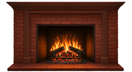  Fireplace with logs burning isolated on transparent background