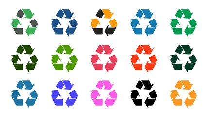 Recycling Symbols Set, Eco-Friendly Sustainability Icons, Green Circular Arrows with Recycle Mark for Environment, Waste Management, Reuse, Vector Illustrations for Green Energy and Ecology