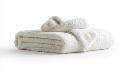 A neatly folded white towel with a bathrobe, isolated on a white background