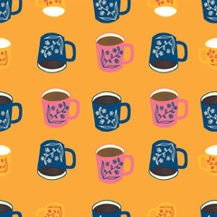 Colorful Vibrant Coffee Mugs in Pop Art Style Vector Seamless Pattern