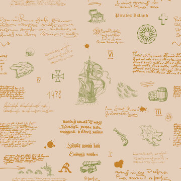 seamless texture in the style of a medieval nautical record of the captain's diary engraving sketch