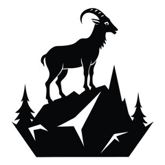 Mountain alps goats on rock on top of the hill vector silhouette illustration isolated on white background