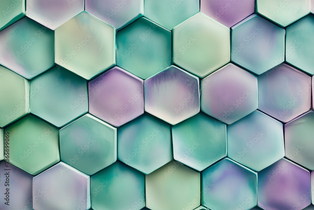 Poster colorful hexagonal pattern with a blue and purple hue. the pattern is made up of small squares and t