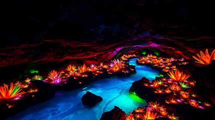 Fototapeta premium A glowing underground river winds through a vast cavern, illuminated by bioluminescent plants and crystals. The tranquil scene feels like a hidden wonder beneath the earth. Created with generative AI