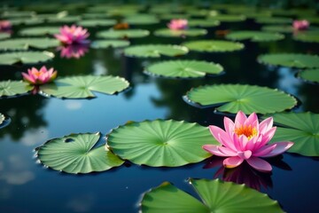 Water lilies forming a repeating pattern across a still lake, botanical, purple