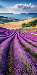 Lavender fields under a blue sky