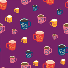 Colorful Vibrant Coffee Mugs in Pop Art Style Vector Seamless Pattern