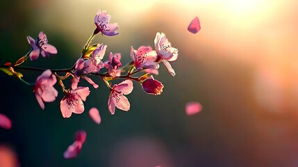 Close Up View Of Pink Cherry Blossoms On Branch With Falling Petals And Soft Sunlight In The Background