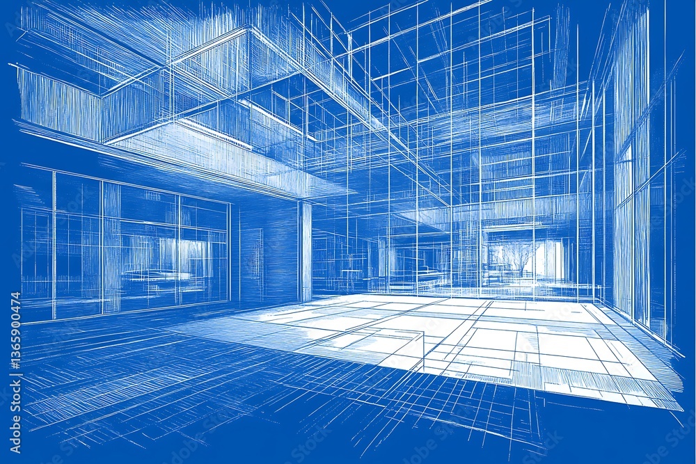Poster an architectural blueprint showing the structure of a modern building interior