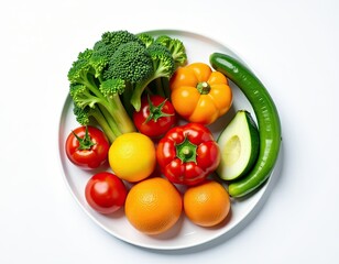 Vibrant Colorful Vegetables and Fruits on White Plate - Healthy Eating Concept