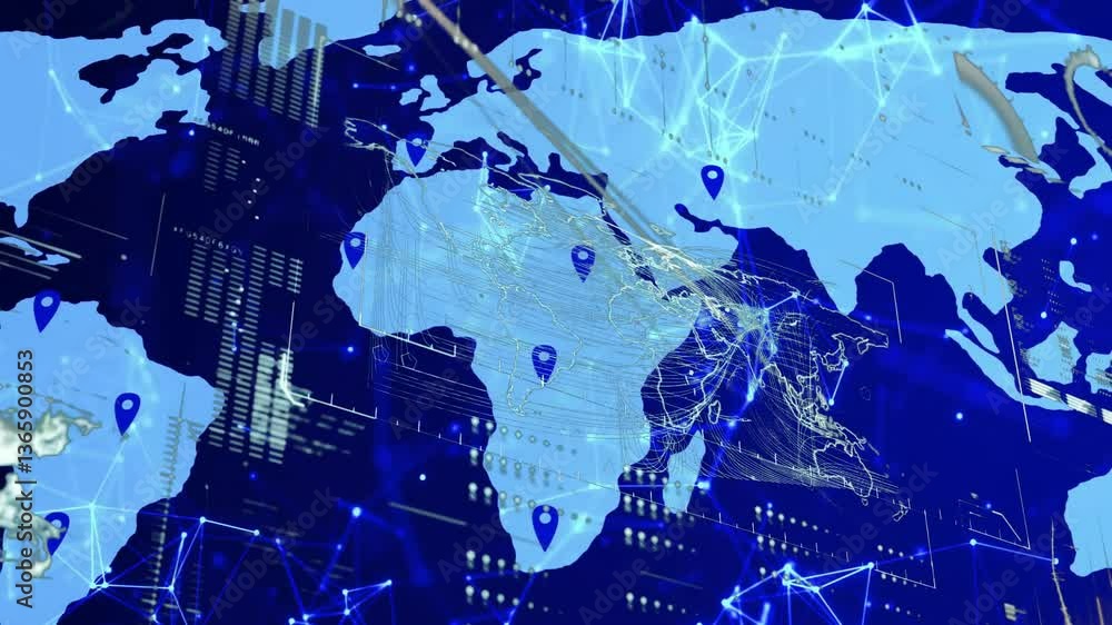 Poster animation showing digital map with location markers and network connections