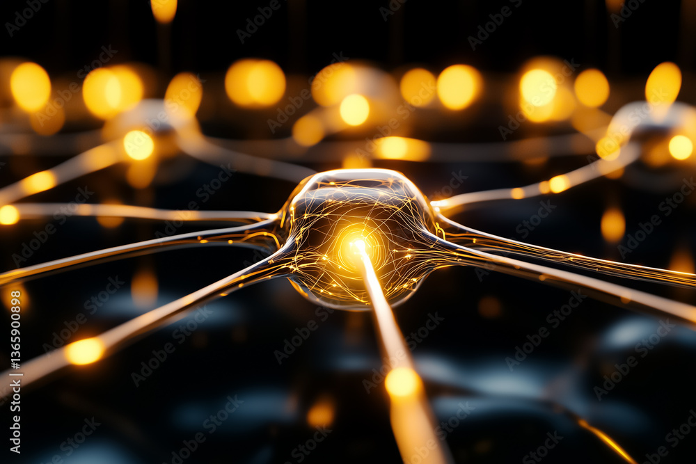 Poster abstract representation of interconnected neurons emitting light signals in digital space. dark back