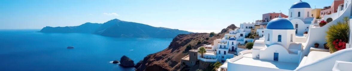 Sun-drenched Santorini village, bright white buildings against deep blue Aegean sea , vibrant, holiday