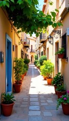 Fototapeta premium Sun-drenched alleyway, overflowing with aromatic herbs and colorful pottery , street, exotic