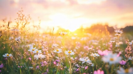 Obraz premium Sunrise over wildflower meadow nature landscape photography serene outdoor environment vibrant floral view