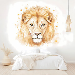 Majestic Lion's Gaze: A watercolor painting of a regal lion's head adorns a bedroom wall, exuding strength and serenity. The painting's warm hues harmonize with the room's minimalist decor.