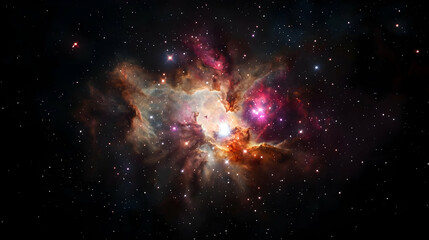 Naklejka premium Vibrant Nebula In Deep Space Showcasing Cosmic Dust And Star Clusters Against A Black Background With Bright Celestial Light