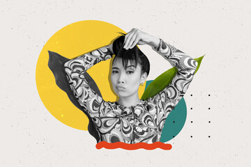 Creative artwork template sketch 3D collage of young lady model posing hand hold hair prepare...