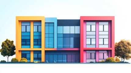 Colorful modern building exterior, autumn trees, daytime