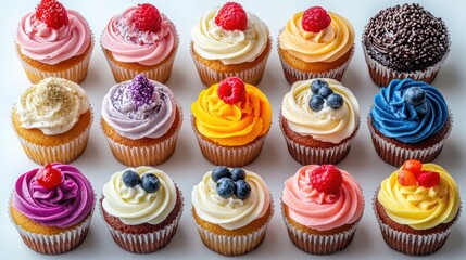A set of colorful cupcakes, isolated on a white background, vibrant and delicious